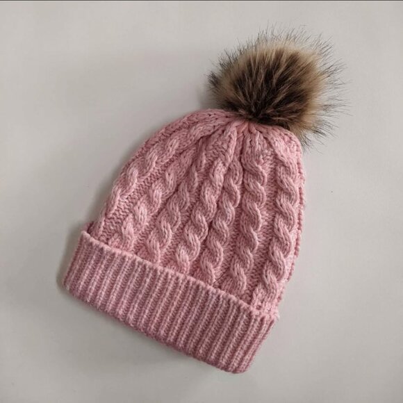Cable knit pink beanie with pom pom hat - Picture 3 of 4